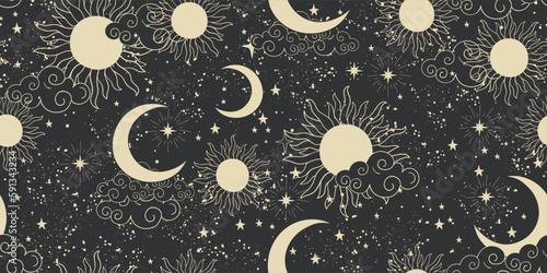 Seamless sky background with stars, sun and moon on a black background. Astrological celestial pattern for tarot, boho ornament for zodiac. Vector illustration for a witch.