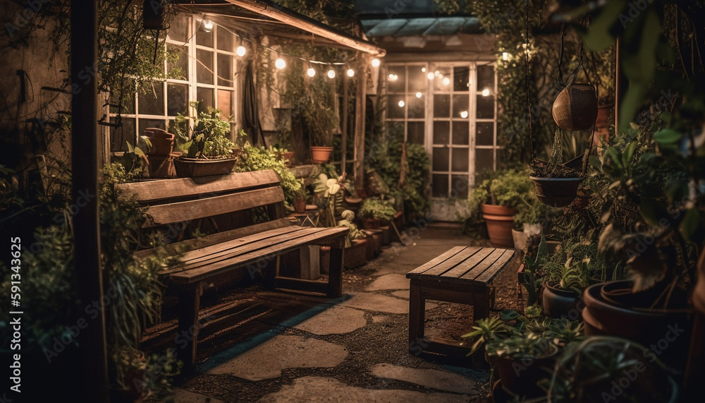 Rustic wooden furniture illuminates tranquil garden scene outdoors generated by AI