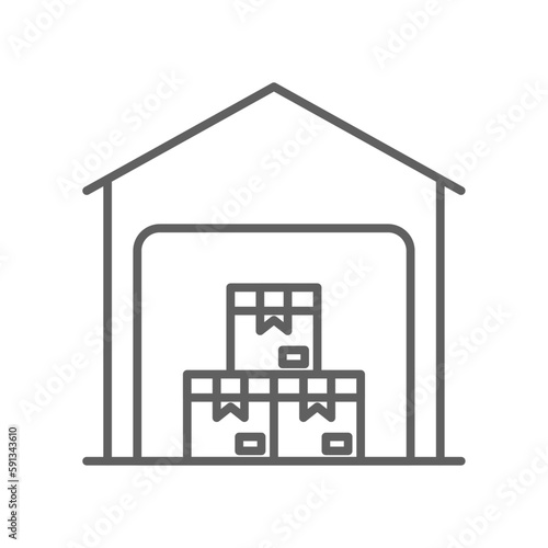 Warehouse Business and office icon with black outline style. box, delivery, shipping, building, store, distribution, logistic. Vector illustration