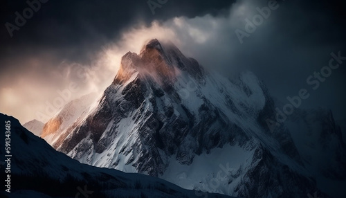 Mountain peak glows in sunset, majestic and tranquil generated by AI