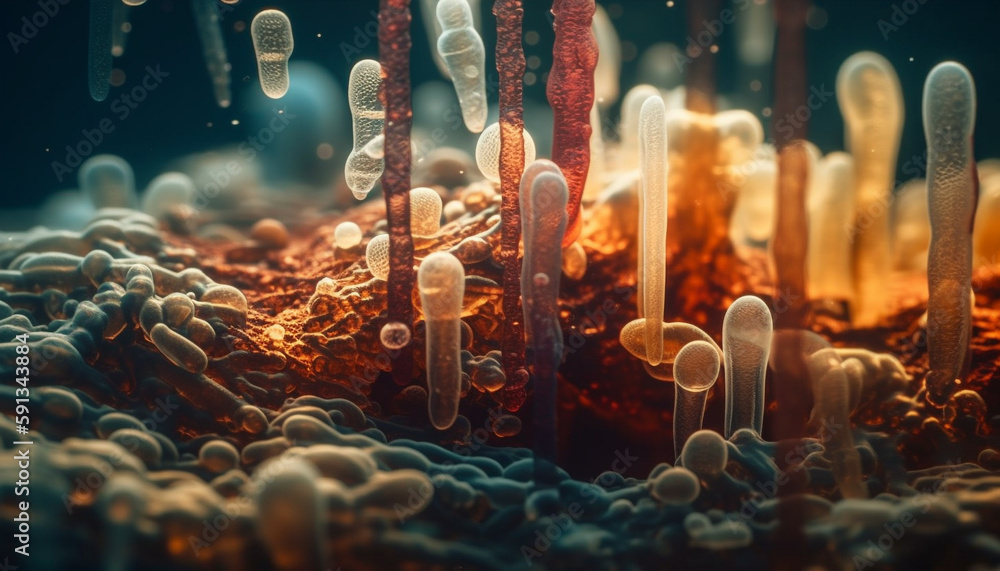 Underwater bacteria magnified, revealing molecular structures generated by AI Underwater bacteria magnified, revealing molecular structures generated by AI