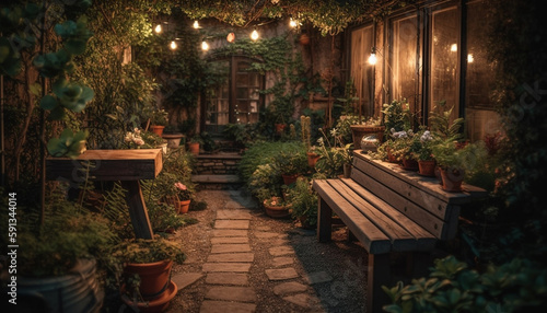 Tranquil summer night illuminated lantern on rustic bench generated by AI