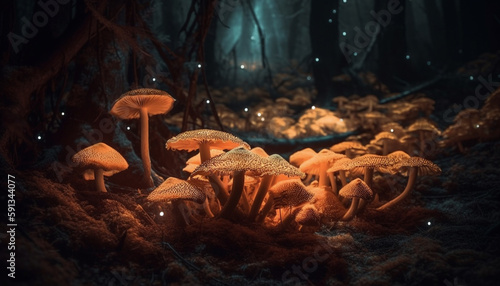 Edible and poisonous fungi grow in nature generated by AI