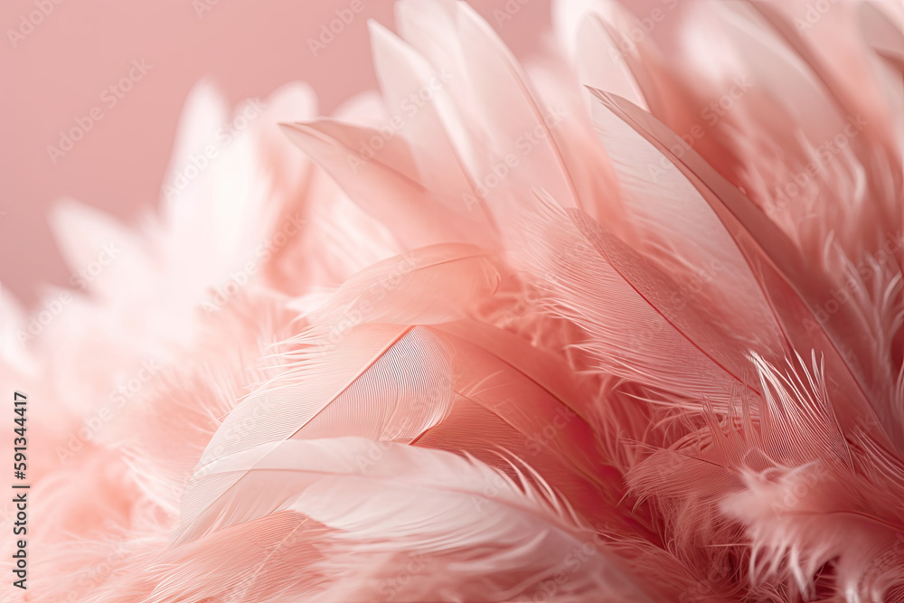 Beautiful abstract soft pink feathers on white background, pink background, feather background, generative AI