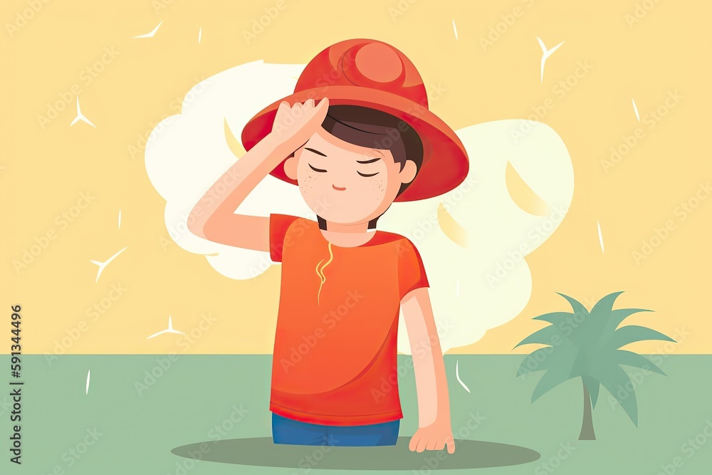 Man suffering from heat. wipes sweat from forehead. Hot summer. Global warming. Heatstroke symptoms. illustration , Generative AI