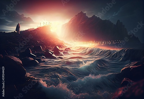 Leinwand Poster Biblical scene: Moses and his followers on the shore of the Red Sea, vision of a glowing cross above the waves illustration design art