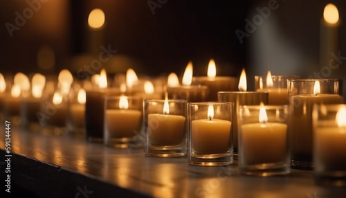 Glowing candle flames illuminate symbols of peace generated by AI