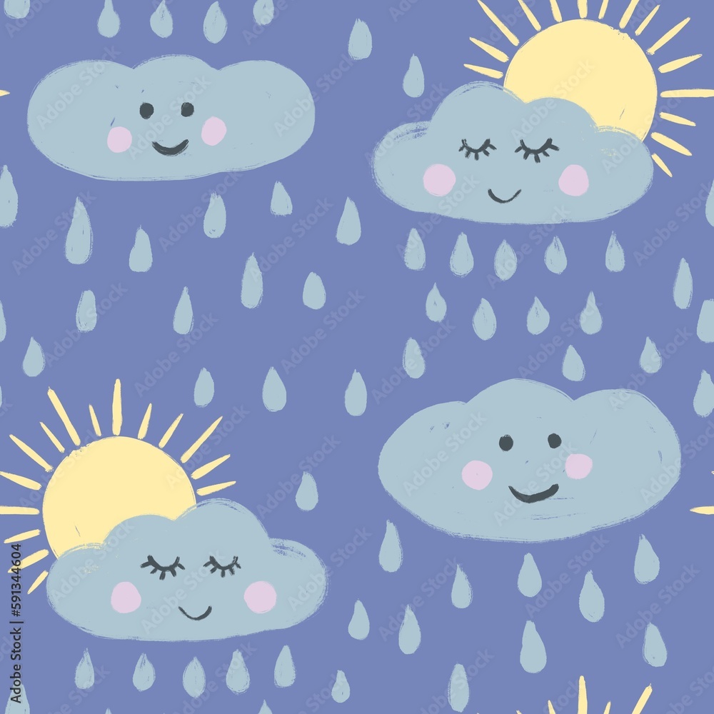 Hand drawn seamless pattern with cute clouds sun on blue background. Rain raindrops funny faces eyes pink cheeks, kids children nursery decor, cartoon sketch baby shower.