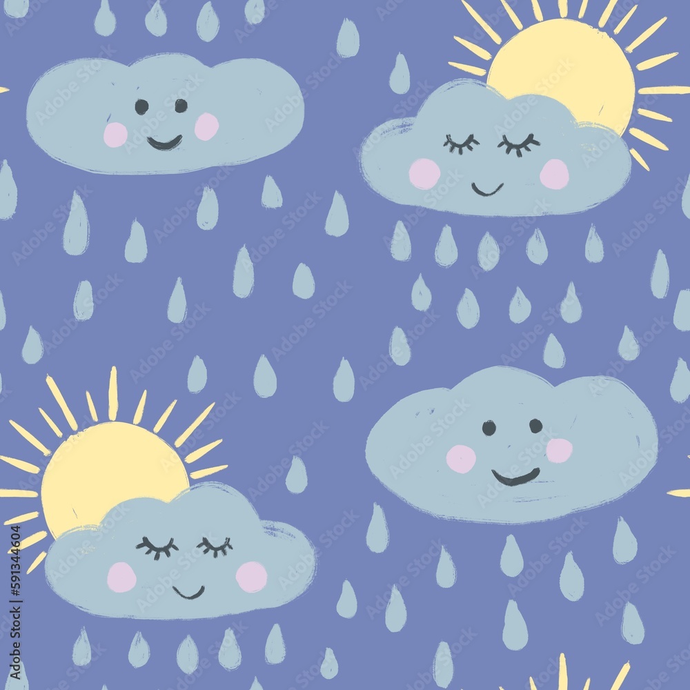 Hand drawn seamless pattern with cute clouds sun on blue background. Rain raindrops funny faces eyes pink cheeks, kids children nursery decor, cartoon sketch baby shower. Hand drawn seamless pattern with cute clouds sun on blue background. Rain raindrops funny faces eyes pink cheeks, kids children nursery decor, cartoon sketch baby shower.