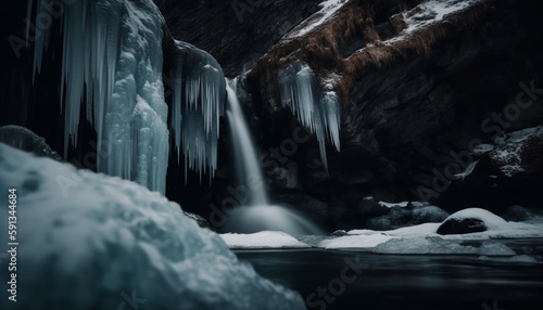 Majestic mountain cliffs, frozen icicles' beauty generated by AI