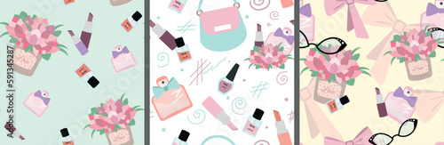 Set of three Seamless Patterns with Women Things. Bouquets of flowers, bows, glasses, perfume and lipstick. Delicate backgrounds for girly fabrics, wrapping paper.