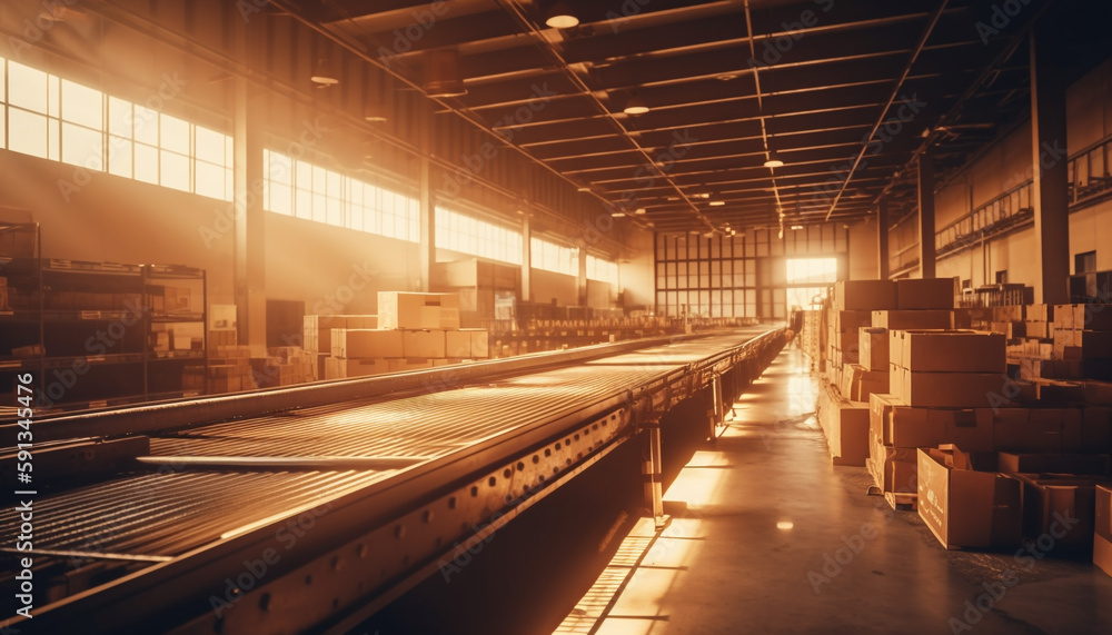 Empty distribution warehouse, modern machinery in motion generated by AI