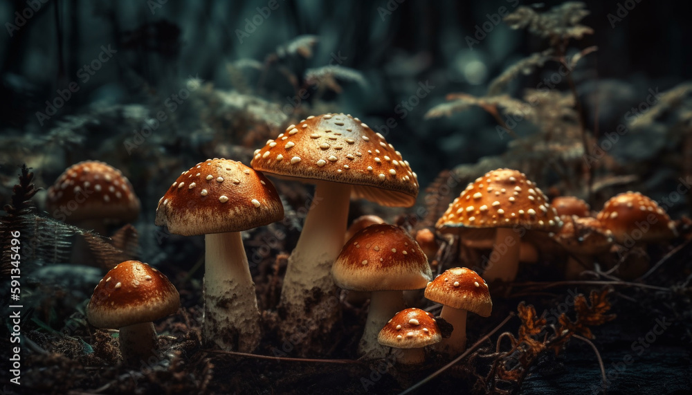 Fototapeta premium Beauty in nature Fly agaric mushroom growth generated by AI