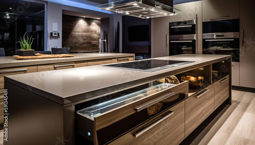 Modern kitchen New stainless steel appliances illuminate elegance generated by AI