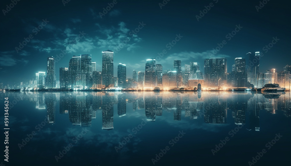 Modern skyline reflects on waterfront, lit and glowing generated by AI Modern skyline reflects on waterfront, lit and glowing generated by AI