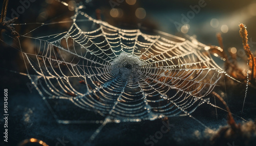 Dew drops in spider web, nature trap generated by AI