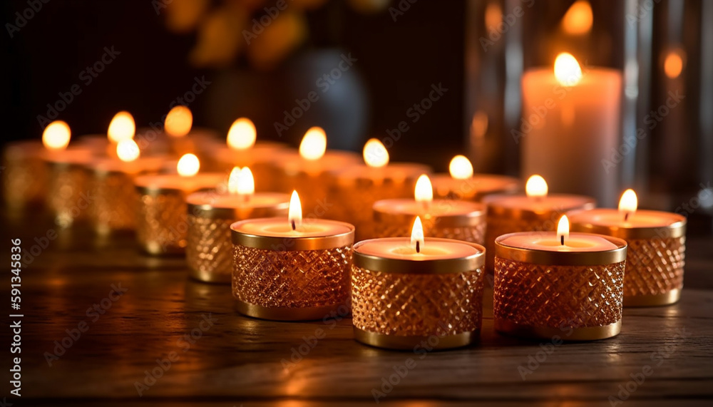 Row of candles burning, symbolizing spirituality and celebration generated by AI Row of candles burning, symbolizing spirituality and celebration generated by AI