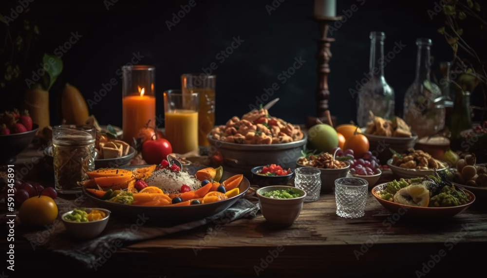 Rustic meal celebration on wooden table decoration generated by AI