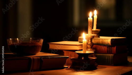 Candlelight illuminates ancient still life on table generated by AI
