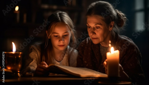 Two girls reading the Bible by candlelight generated by AI