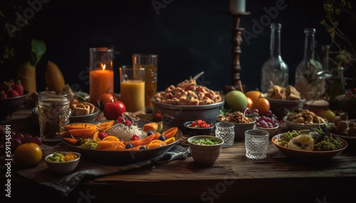 Rustic meal celebration on wooden table decoration generated by AI