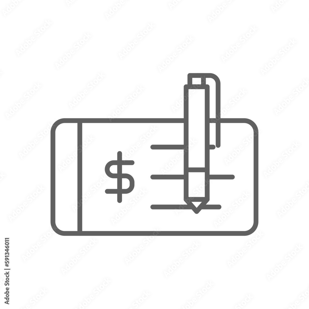 Checkbook Finance icon with black outline style. check, paper, pen, cheque, accounting, document, account. Vector illustration Checkbook Finance icon with black outline style. check, paper, pen, cheque, accounting, document, account. Vector illustration
