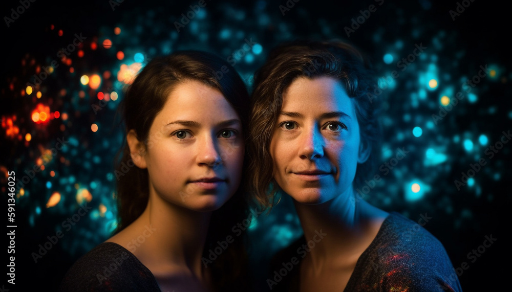 Young adults smiling, illuminated by blue lighting equipment generated by AI Young adults smiling, illuminated by blue lighting equipment generated by AI