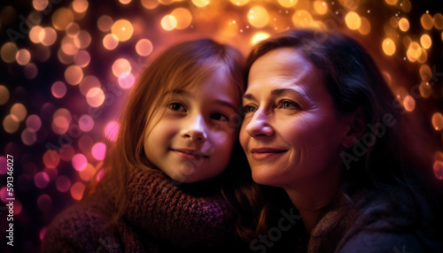 Smiling family enjoys Christmas lights and laughter generated by AI