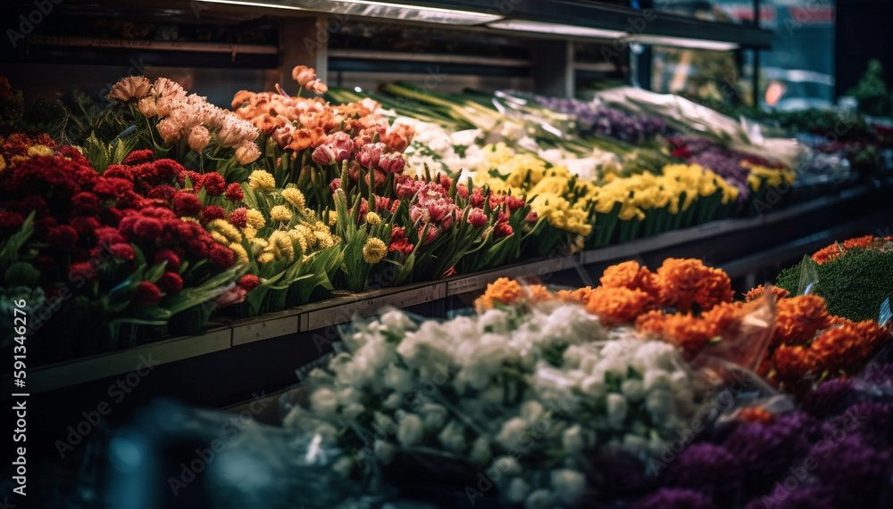 Variety of colorful tulips for sale outdoors generated by AI