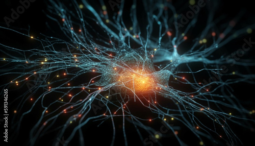 Glowing synapses connect for futuristic neural communication pattern generated by AI