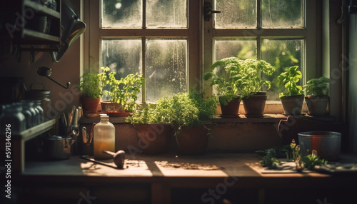Green plants bring freshness to rustic kitchen generated by AI