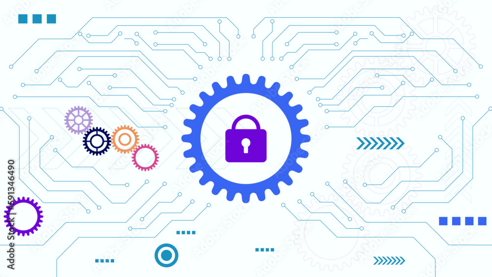 Abstract technological background with gear wheel, padlock icon and circuit lines on white background. Abstract technological background with gear wheel, padlock icon and circuit lines on white background.