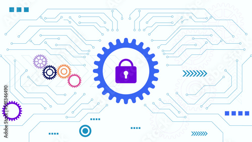 Abstract technological background with gear wheel, padlock icon and circuit lines on white background.