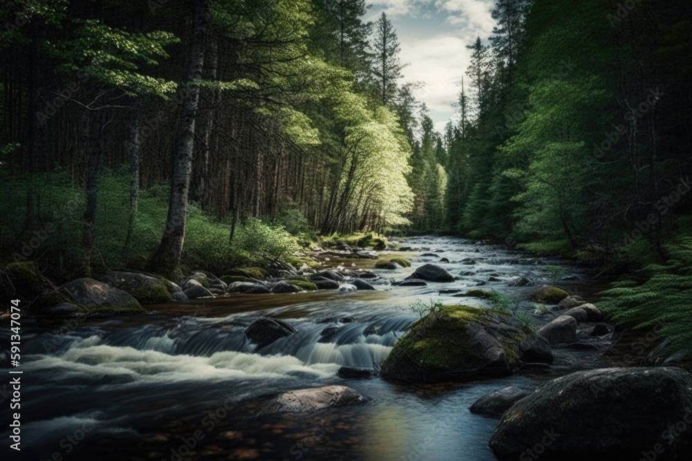 a big river with many stones in it flows through a forest created with Generative AI technology a big river with many stones in it flows through a forest created with Generative AI technology