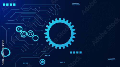 Abstract technological background with gear wheel and circuit lines on blue technology backdrop.