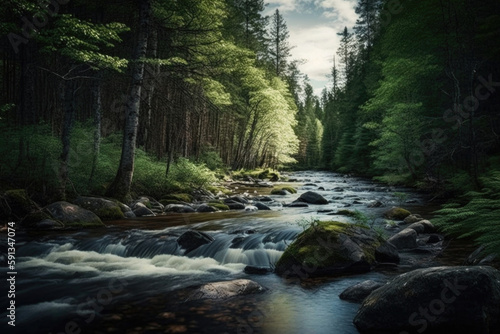 a big river with many stones in it flows through a forest created with Generative AI technology