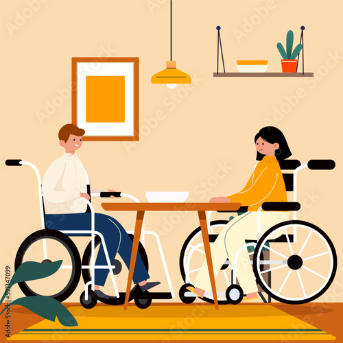 Disabled couple sitting on wheelchair have dinner together in dining room at home