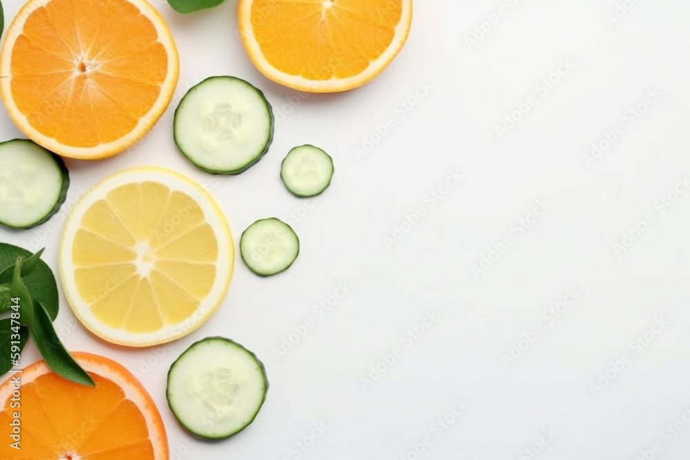 White table kitchen with slice orange, cucumber, lemon. Top view with copy space, flat lay. generative ai White table kitchen with slice orange, cucumber, lemon. Top view with copy space, flat lay. generative ai