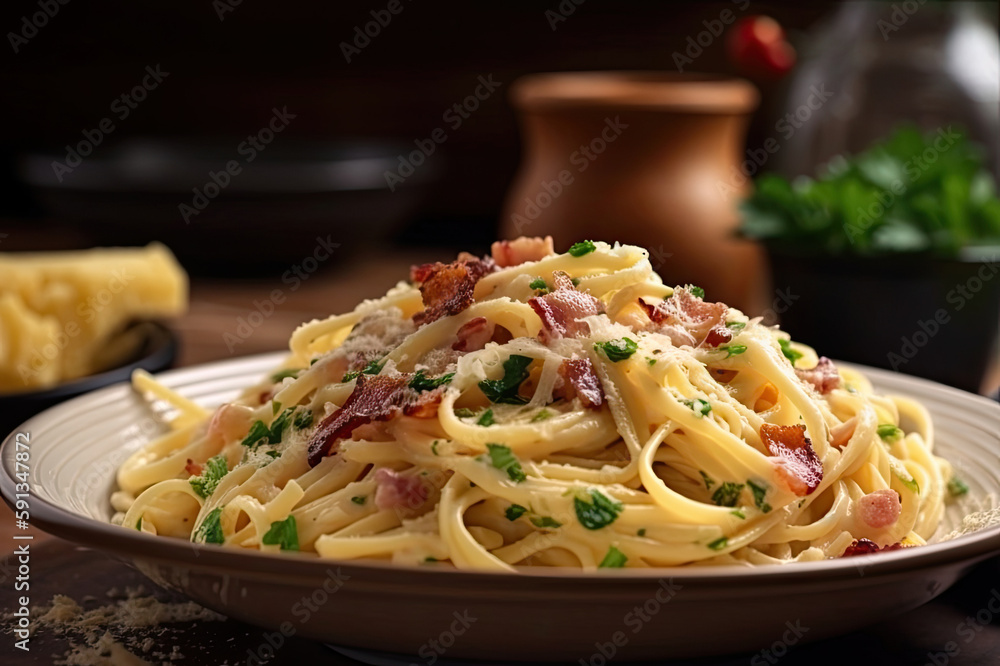 delicious pasta with bacon and cream on a beautiful plate created with Generative AI technology delicious pasta with bacon and cream on a beautiful plate created with Generative AI technology