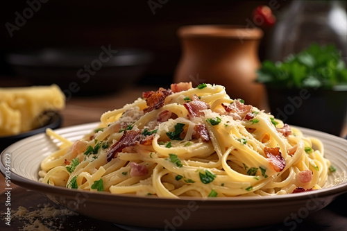 delicious pasta with bacon and cream on a beautiful plate created with Generative AI technology