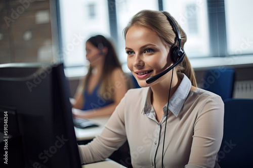 young woman wears headset on head and sits at computer created with Generative AI technology