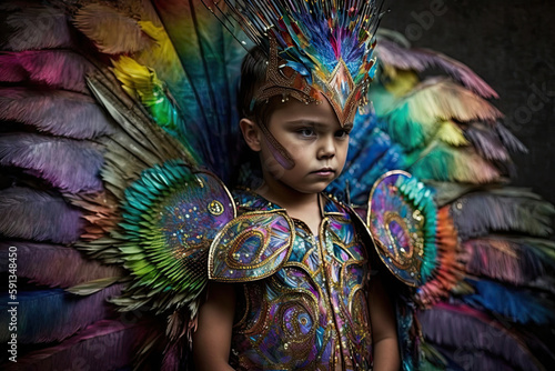 a little child wears a colorful costume with beautiful shimmering feathers like from a peacock created with Generative AI technology © StockMedia