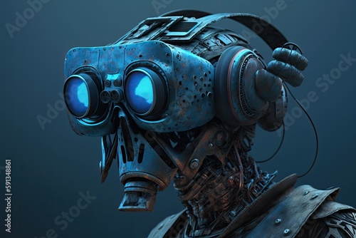 futuristic robot wearing goggles and a gas mask. Generative AI