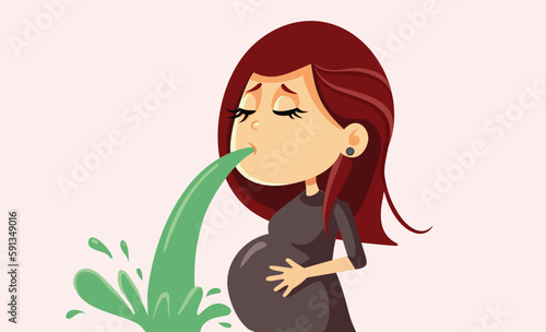 Pregnant Woman Feeling Sick Vomiting Vector Cartoon illustration. Stressed mother to be having morning sickness until third trimester
