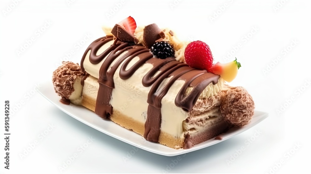 Close-up of a delicious chocolate dessert presented in a plate with ice cream and fruits. Generative AI food illustration. Close-up of a delicious chocolate dessert presented in a plate with ice cream and fruits. Generative AI food illustration.