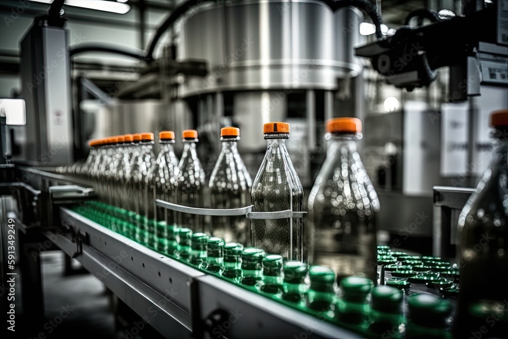 production line with multiple bottles of water moving on a conveyor belt. Generative AI production line with multiple bottles of water moving on a conveyor belt. Generative AI
