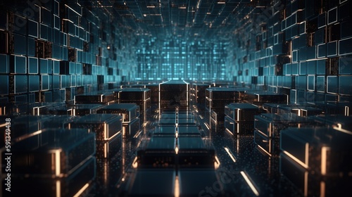 3d illustration of abstract technology background. Sci-fi concept.3D rendering of abstract technology concept. Futuristic cyberspace background,Abstract 3d rendering of data processing.Generative Ai © Rudsaphon