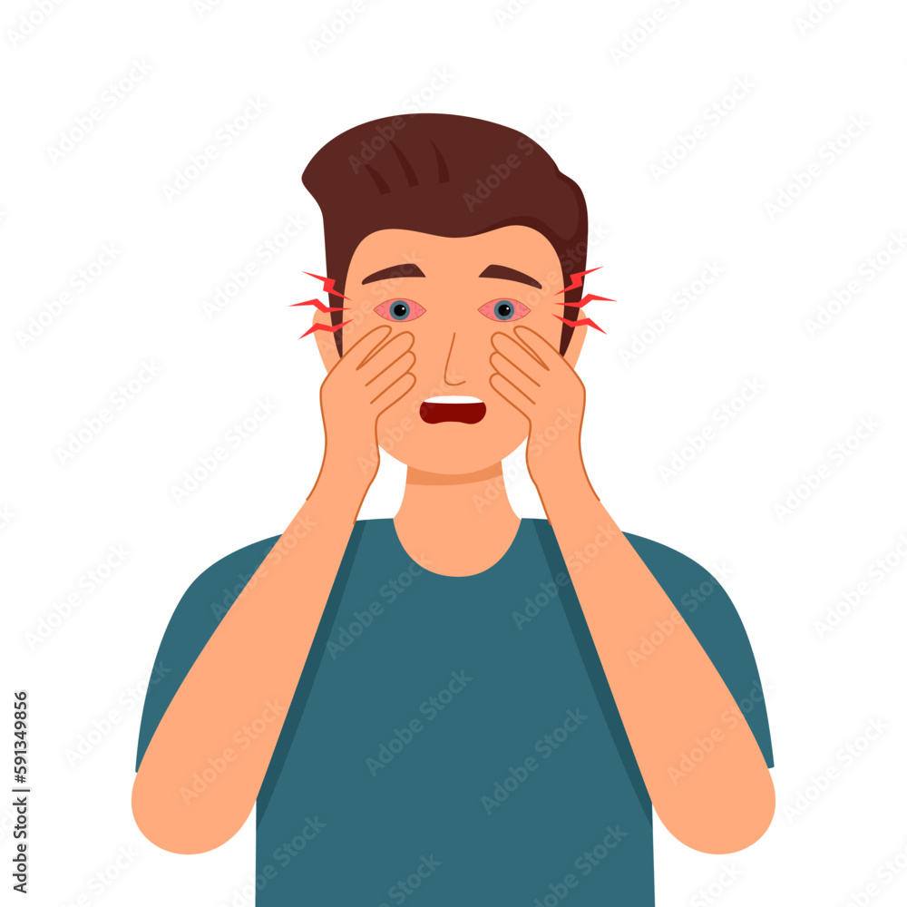 Man with eye redness symptom in flat design on white background. Sore eye concept. Man with eye redness symptom in flat design on white background. Sore eye concept.