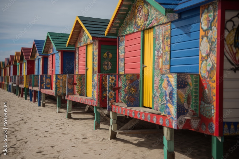 Colorful Beach Huts with Unique Patterns and Designs, Vibrant and Inviting, Coastal Getaway Destination - Generative AI