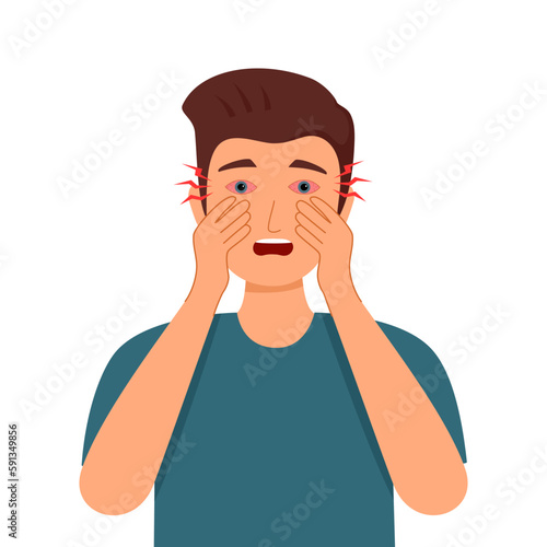 Man with eye redness symptom in flat design on white background. Sore eye concept.